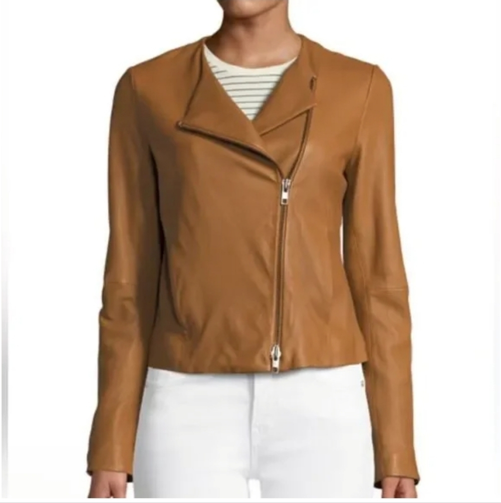 Vince‎ Cross Front Lamb Leather Moto Jacket in Camel Small